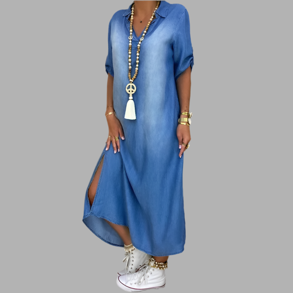 Lea™ | Long dress in denim look with side slit