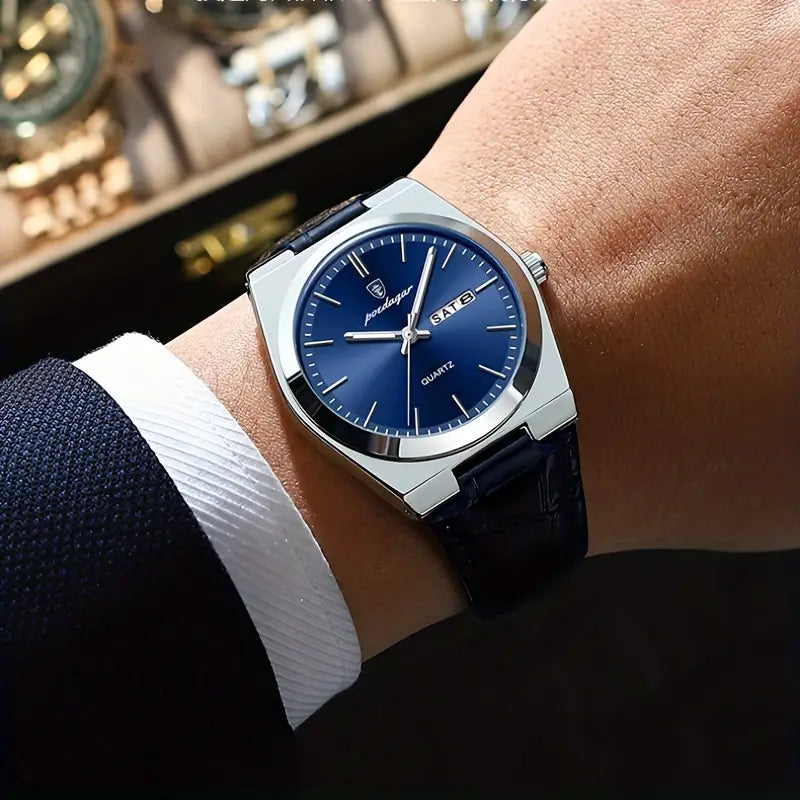 Elegant Blue Leather Quartz Watch
