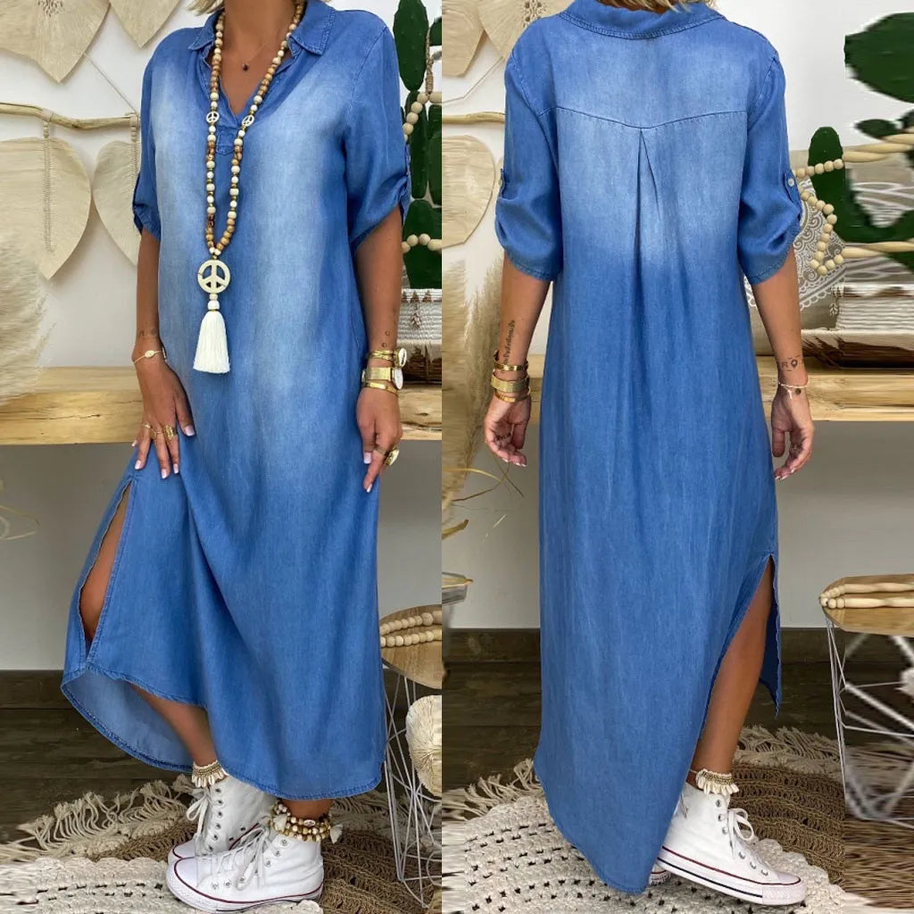 Lea™ | Long dress in denim look with side slit