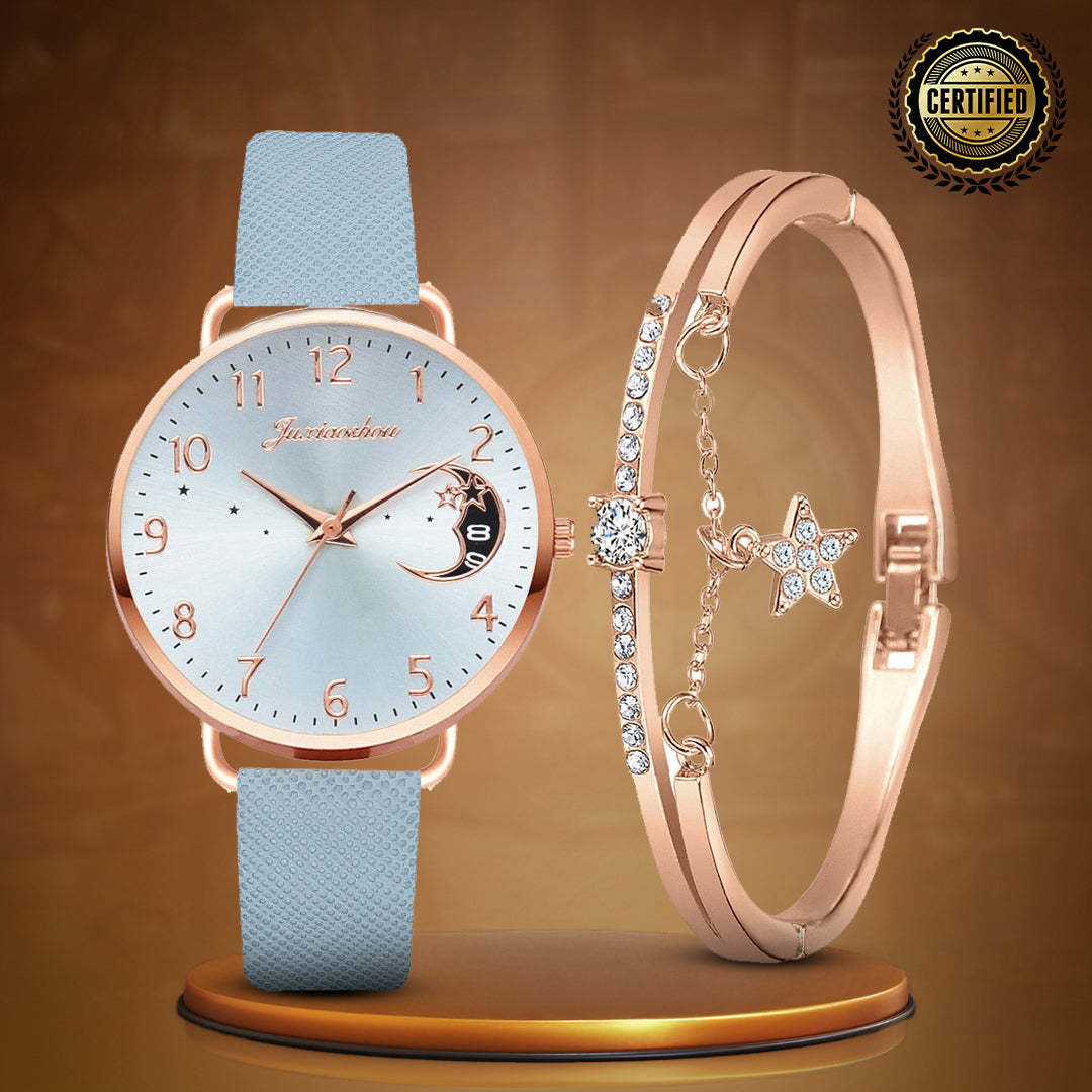 Lightweight Moon Inspired Wrist Watch and Bracelets Set