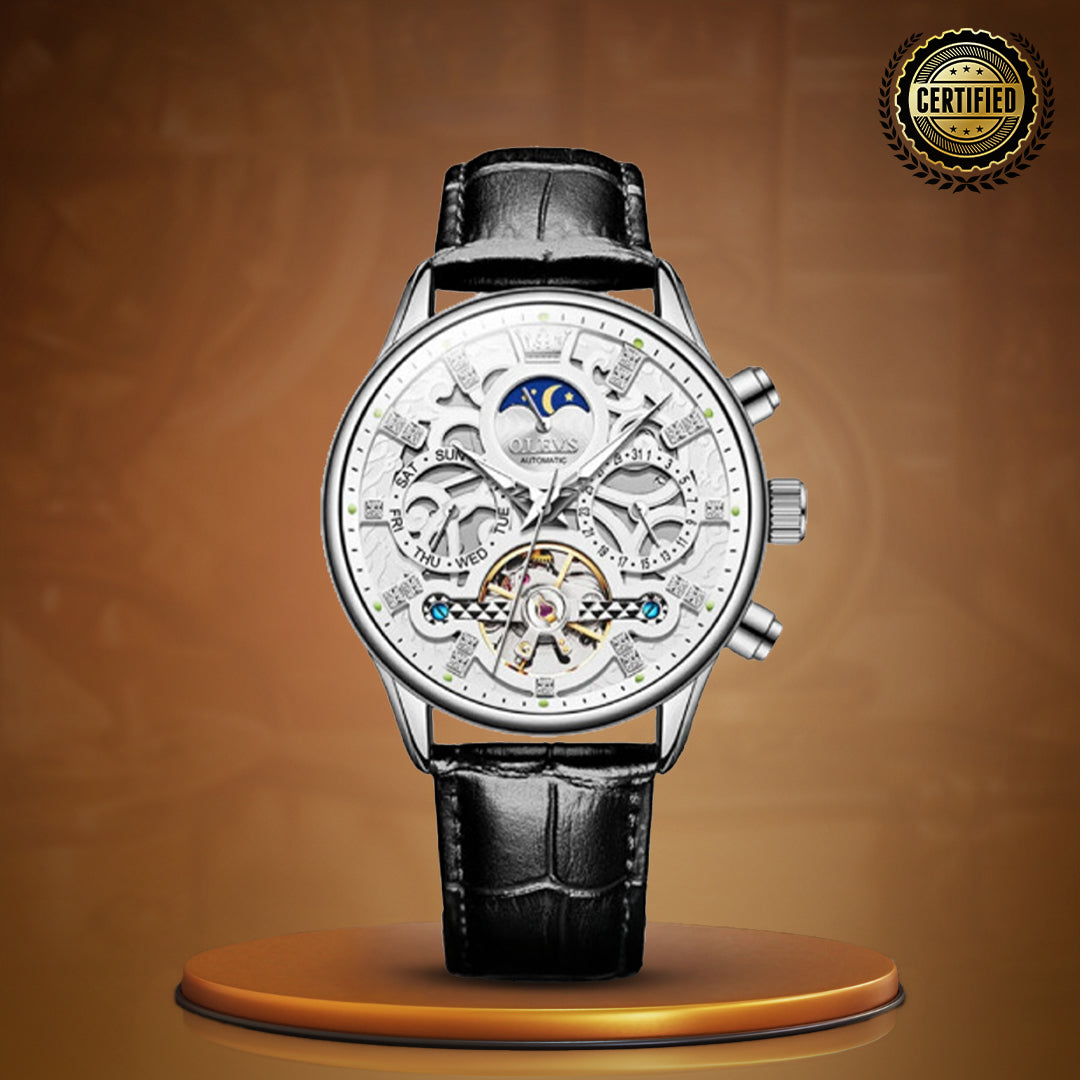 Automatic Slim Leather Strap Wrist Watch