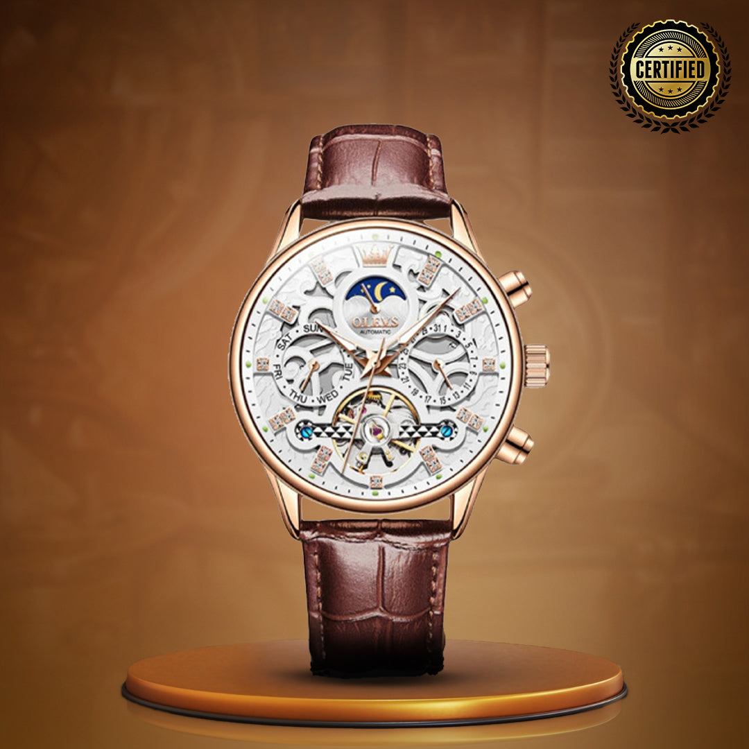 Automatic Slim Leather Strap Wrist Watch