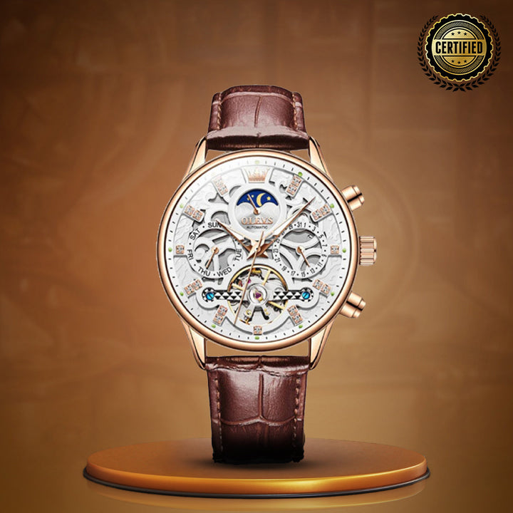 Automatic Slim Leather Strap Wrist Watch