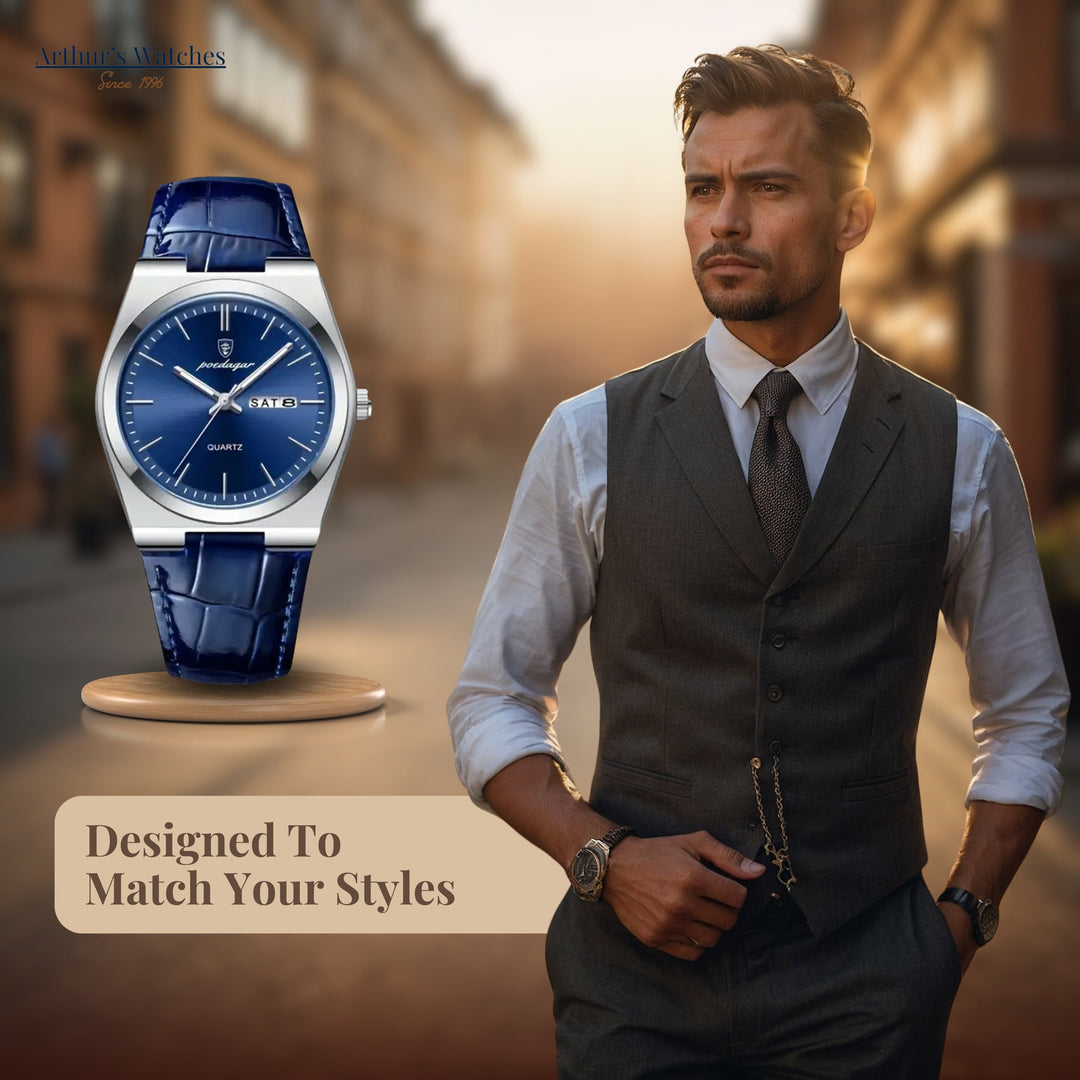 Elegant Blue Leather Quartz Watch