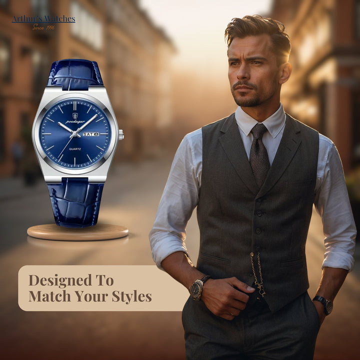 Elegant Blue Leather Quartz Watch