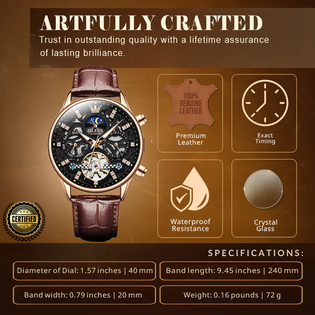 Automatic Slim Leather Strap Wrist Watch