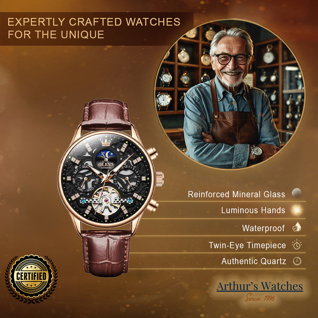 Automatic Slim Leather Strap Wrist Watch