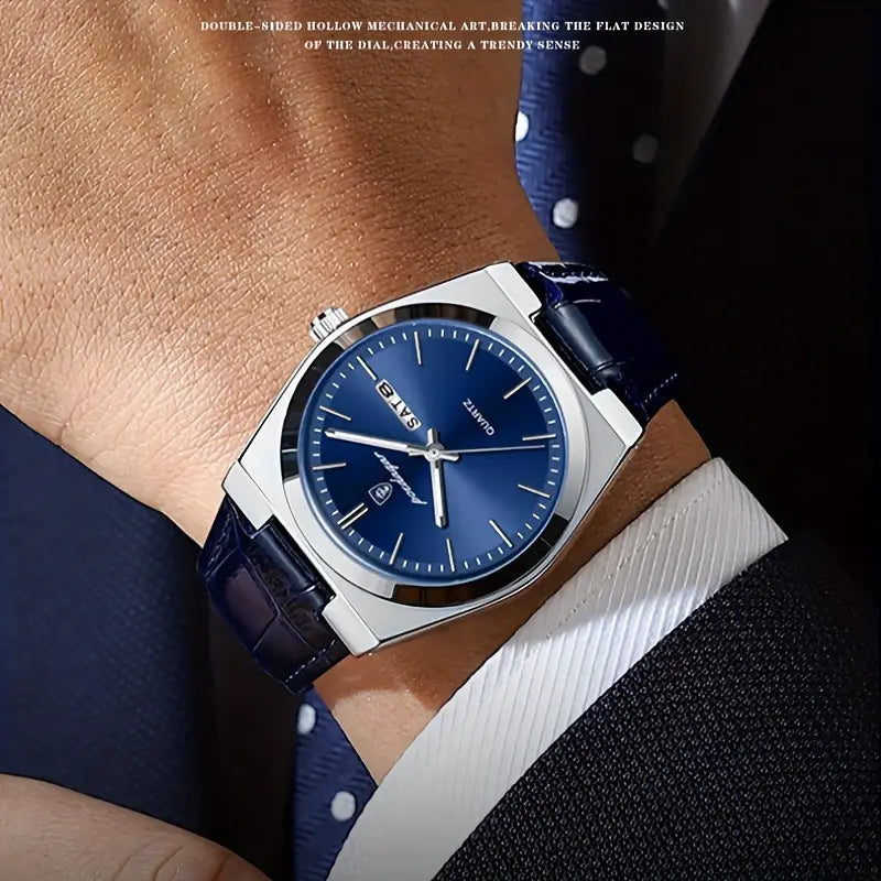 Elegant Blue Leather Quartz Watch